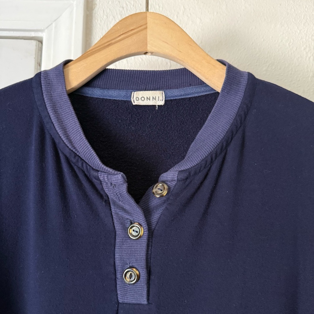 DONNI. navy indigo blue knit Henley polo oversized boxy pullover sweater - Picture 4 of 5